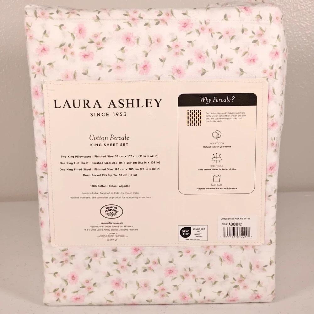 New LAURA ASHLEY King Sheet Set Little Ditsy Pink Floral Cotton Percale 4-Piece